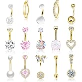 15Pcs Pink Heart Belly Button Ring Piercing 14G Surgical Stainless Steel Navel Piercing Jewelry CZ Opal Pearl Butterfly Clicker Belly Button Rings for Women Gold/Silver