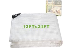THOOUM 12Ftx24Ft Clear Greenhouse Plastic Covering, 16Mil Thickness Heavy Duty Clear tarp for Chicken coop, Greenhouse Plastic sheeting with Hemmed Edges & preinstalled Grommets.