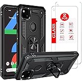 for Google Pixel 4A 5G Case with [2 Pack] Tempered Glass Screen Protector, for Pixel 4A 5G Heavy Duty Armor [Military-Grade] Protective,Magnetic Ring Stand Phone Case Black
