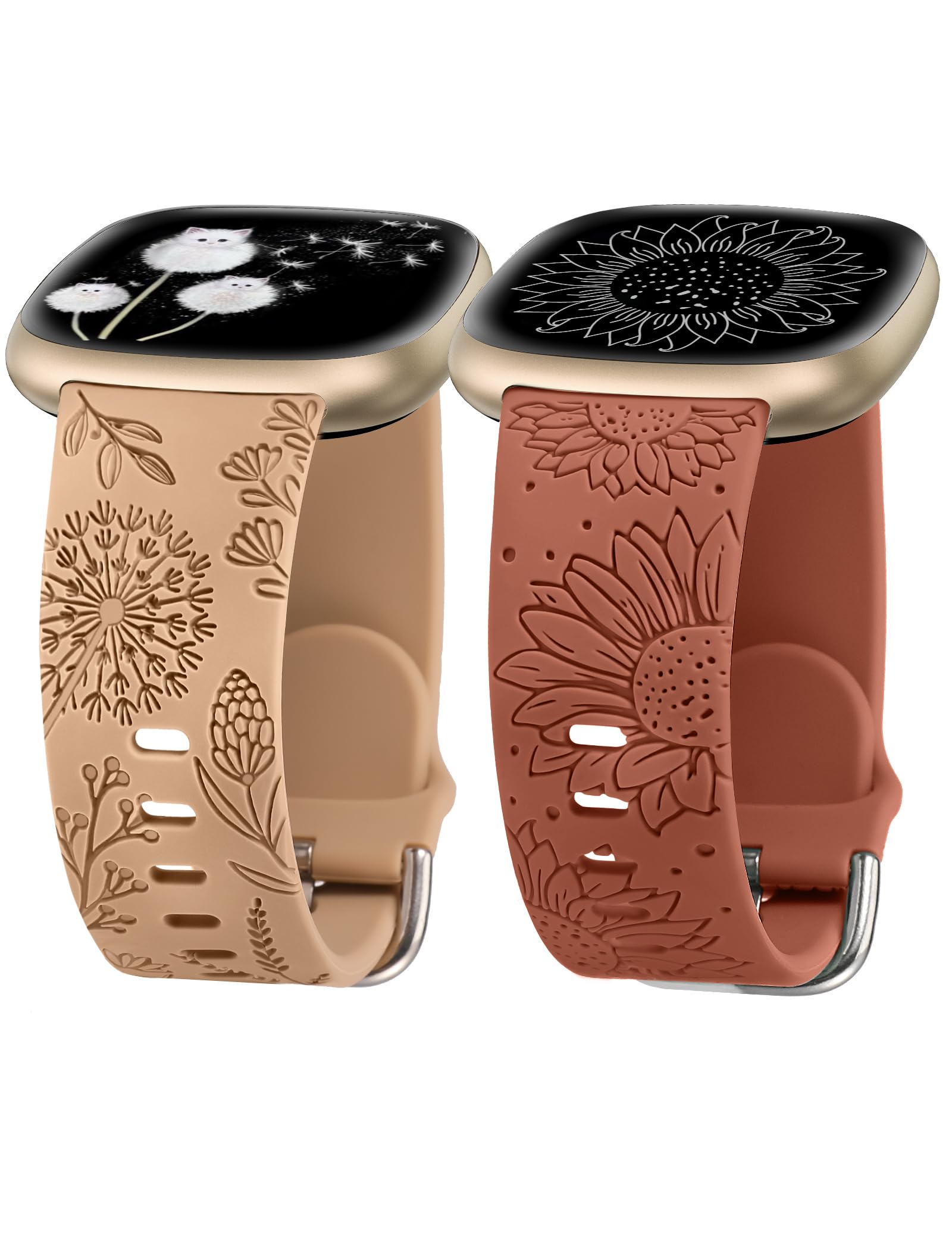 Photo 1 of Minyee 2 Packs Floral Engraved Band Compatible with Fitbit Versa 4/Versa 3/Sense 2/Sense Band Women, Cute Silicone Dandelion Sunflower Design Soft Sport Fancy Summer Strap for Versa 4