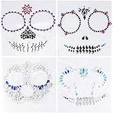 Lurrose Day of the Dead Skull Face Gems Jewels Tattoos, 4Pcs Rhinestone Halloween Jewels Tattoo Stickers for Halloween Festival Rave Party