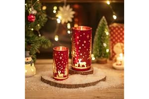 Hewory Christmas Hurricane Candle Holders: Red Gold Reindeer Christmas Decor Set of 2, Glass Candle Holder for Table Centerpiece Mantel Window Kitchen Living Room