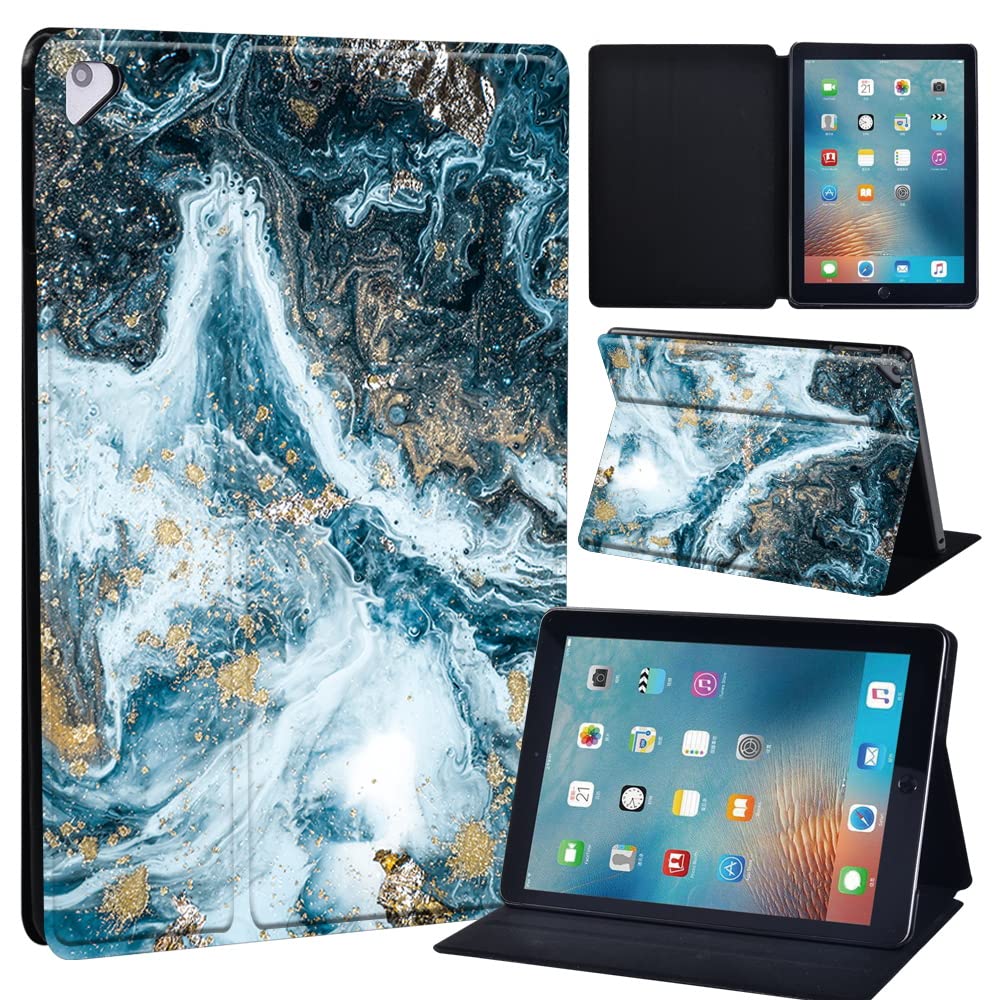 Printed Leather slim lightweight Stand Cover Folio Case for Apple New iPad 9.7 2018 2017(6th Gen, 5th Gen)/iPad Air 2/iPad Air/iPad Pro 9.7 Tablet with Auto Wake/Sleep (dark blue wave marble)