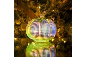 hvfun Iridescent Glass Pumpkin Light with Timer | Battery Powered Holiday, Autumn, Thanksgiving Décor