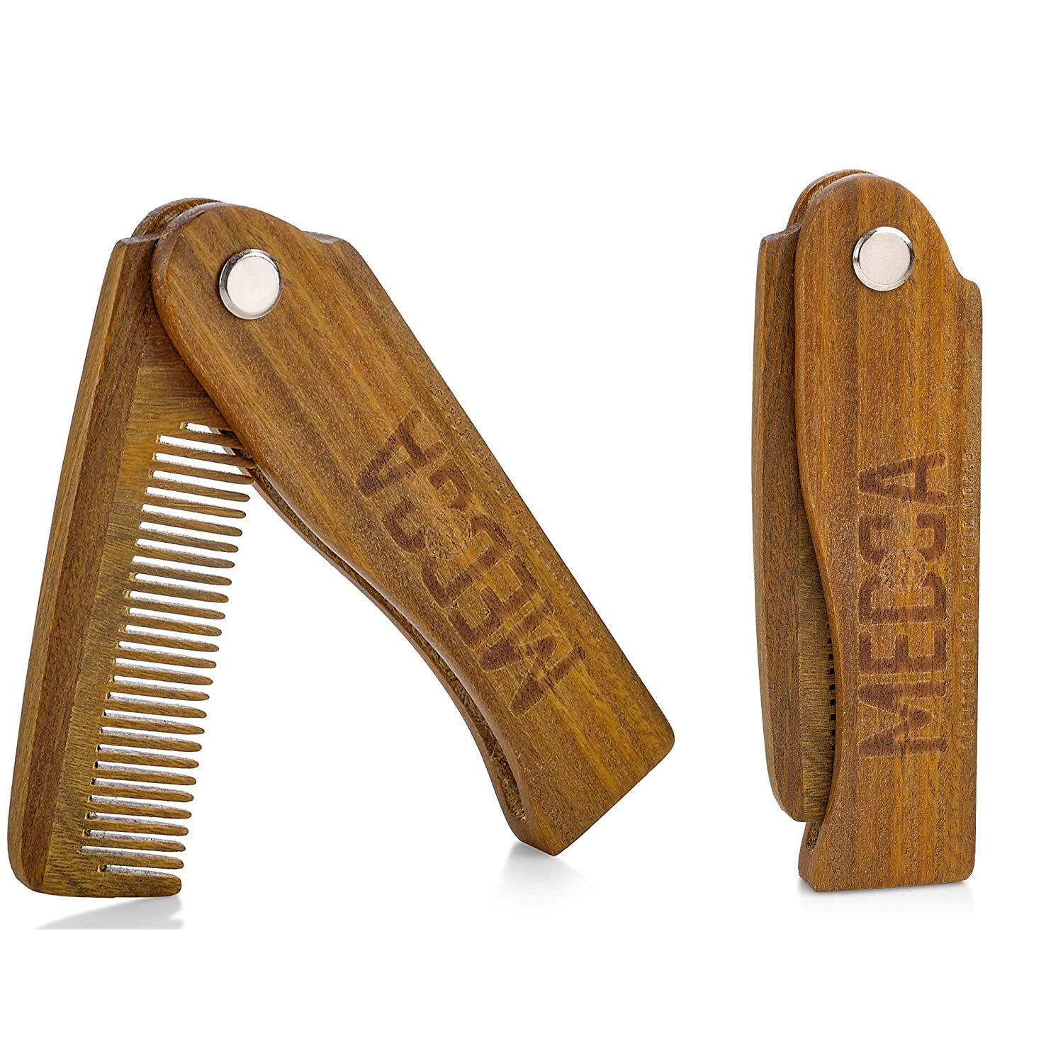 Folding Wooden Comb - 2-Pack, Solid Sandalwood Construction - Fine Tooth Pocket Sized Beard, Mustache, Head Hair Brush Combs for Men for All Hair Types - Travel, Styling & Detangler