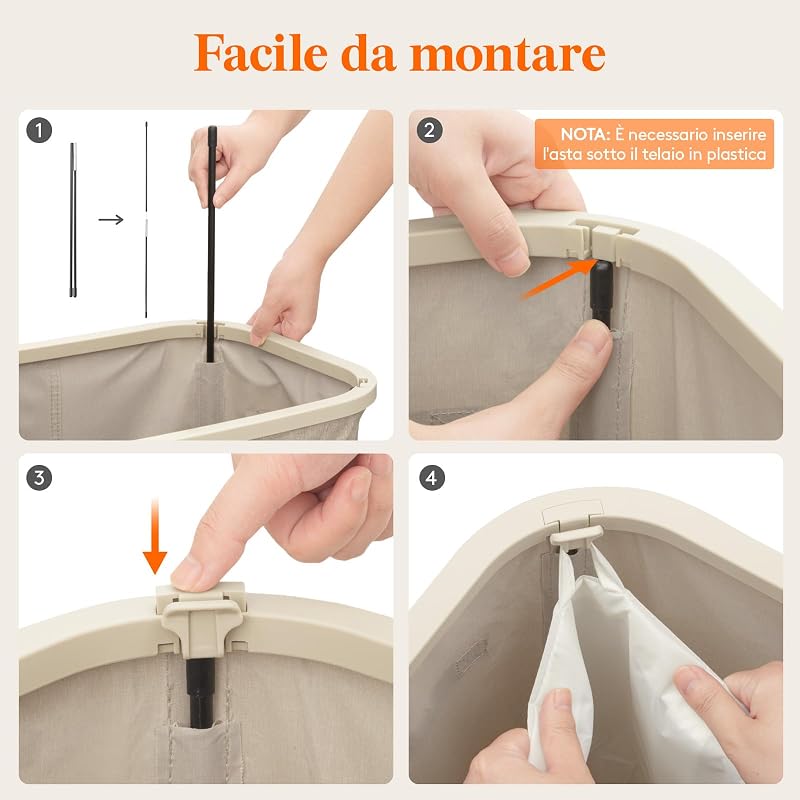 Cesto Portabiancheria, Cesta Panni Sporchi con coperchio, Laundry Basket con Plastica Manici, Porta Biancheria Sporca per Bagno, Lavanderia, Camera da Letto, 105 L, Beige