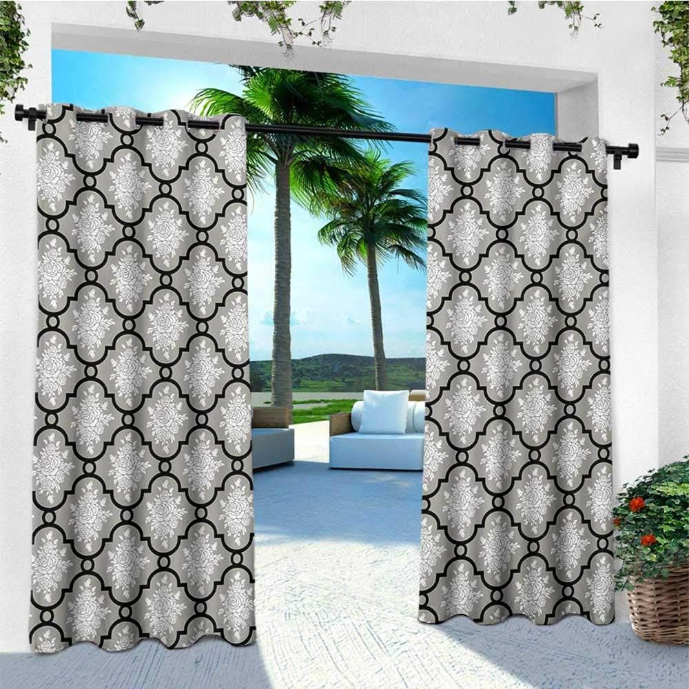 leinuoyi Floral, Sun Zero Outdoor Curtains, Classic Damask with Rose Branches Victorian Rococo Style Retro Feminine Pattern, for Patio W96 x L96 Inch Pale Grey White