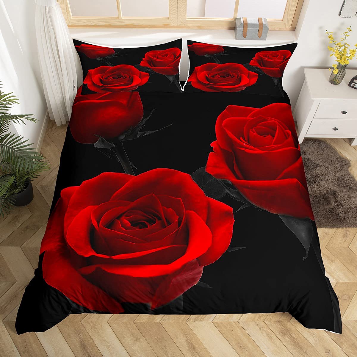 Red Roses Bedding Set Luxury Rose Floral Duvet Cover For Girls Women Couple Lover Romantic Flowers Comforter Cover Valentine's Day Bedspread Cover Red Black Quilt Cover 2Pcs Single Size