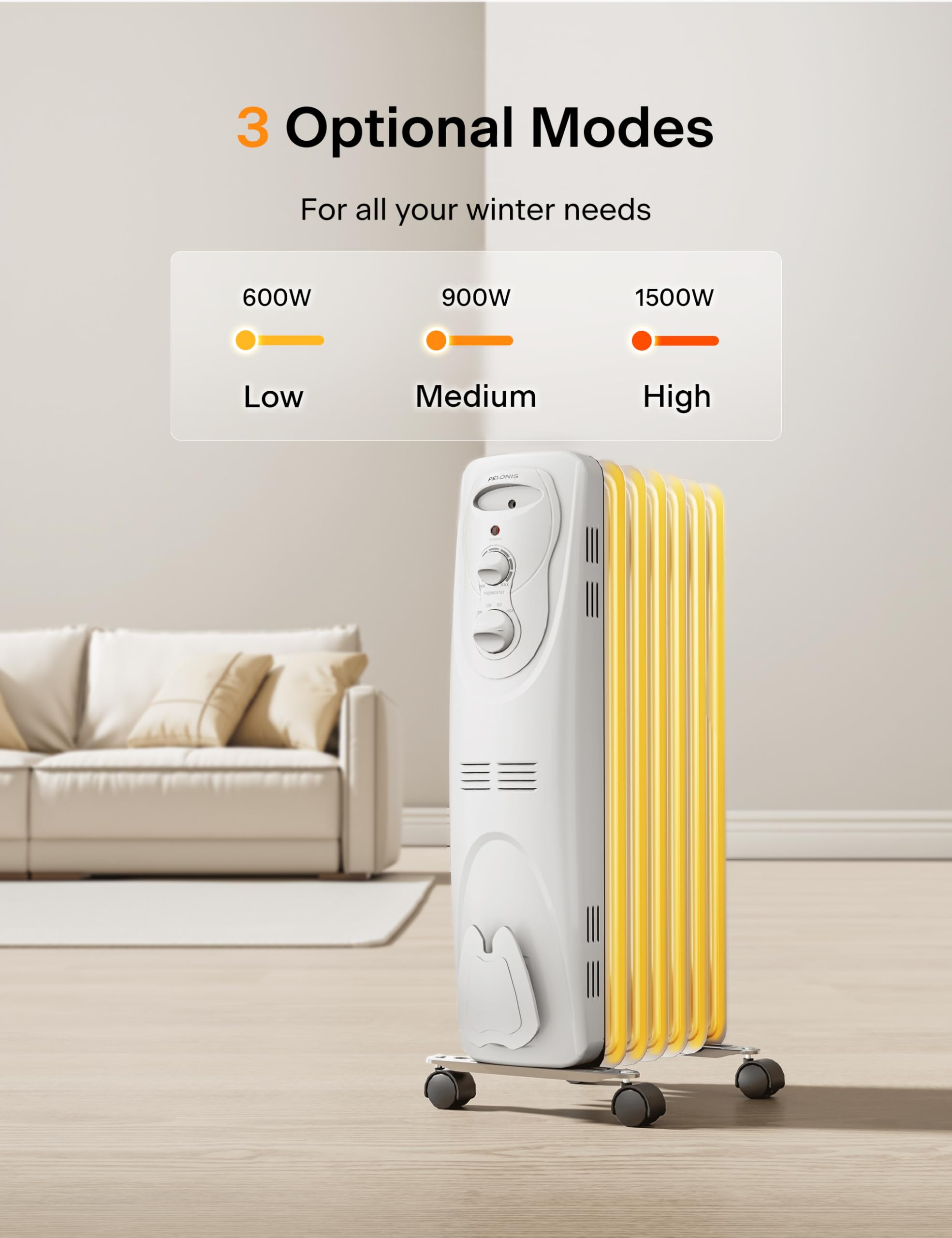 PELONIS PHO15A2AGW, Basic Electric Oil Filled Radiator, 1500W Portable Full Room Radiant Space Heater with Adjustable Thermostat, White, 26.10 x 14.20 x 11.00 in