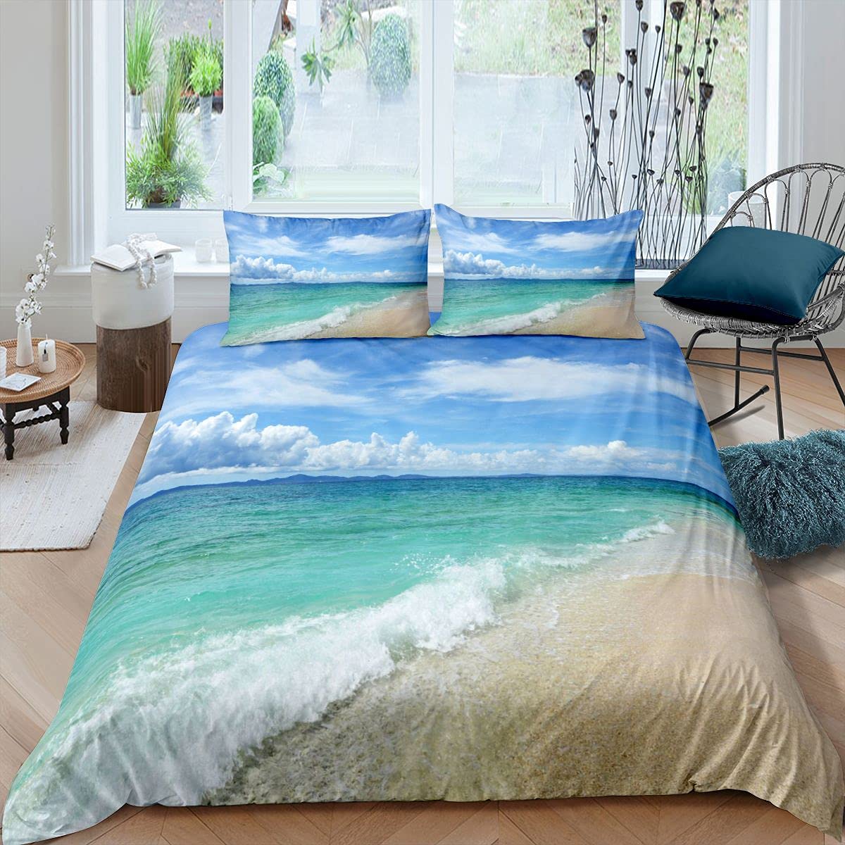 Loussiesd Beach Themed Bedding Set Ocean Sea Printed Comforter Cover for Kids Boys Girls Teens Hawaiian Beach Duvet Cover Breathable Bedspread Clear Sky Room Decor Quilt Cover King Boys — image 1