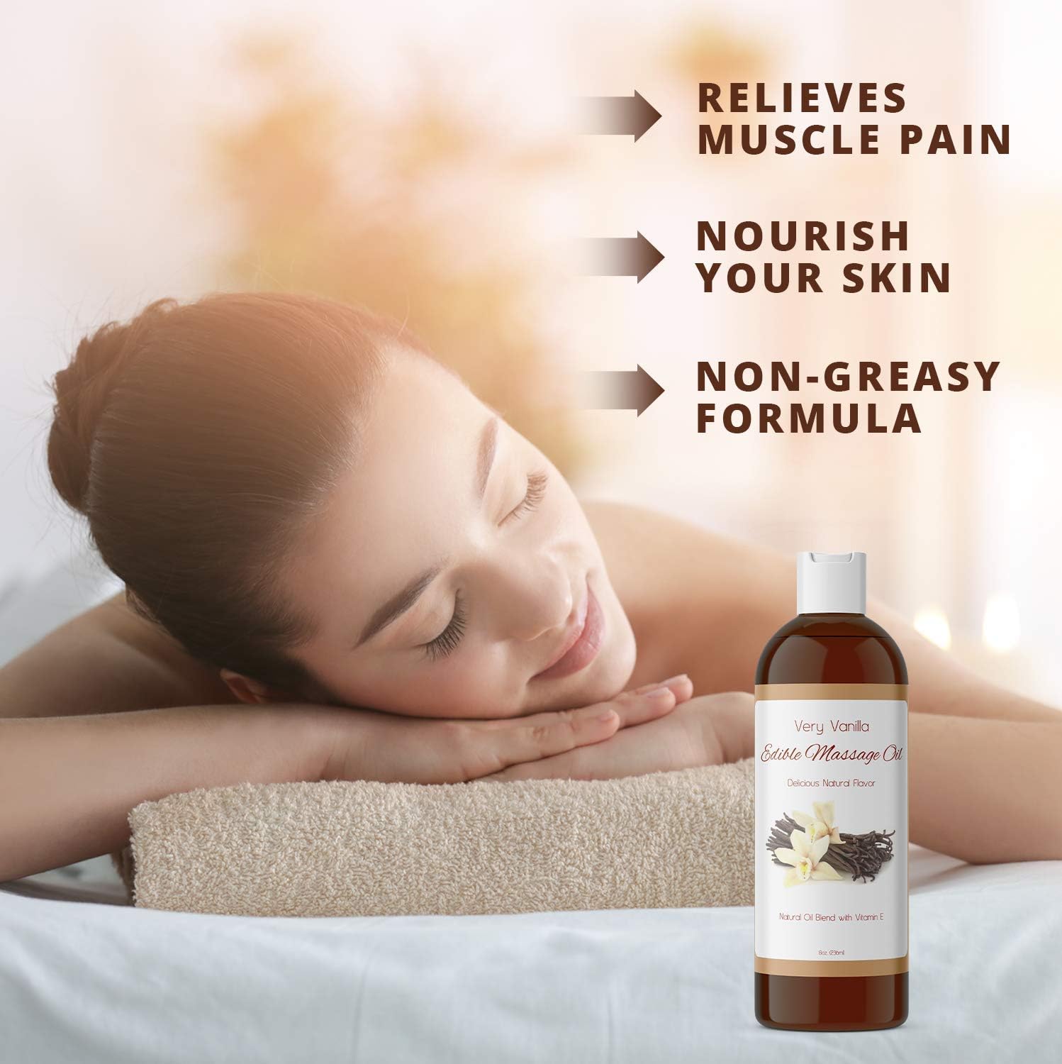 Edible Massage Oil Muscle Relaxer - Vanilla Body Oil and Sensual Massage Oil for Couples Massage - Anti Aging Sweet Almond Oil Body Moisturizer with Aromatherapy Oils for Scented Oil Back Massage: Health & Personal Care