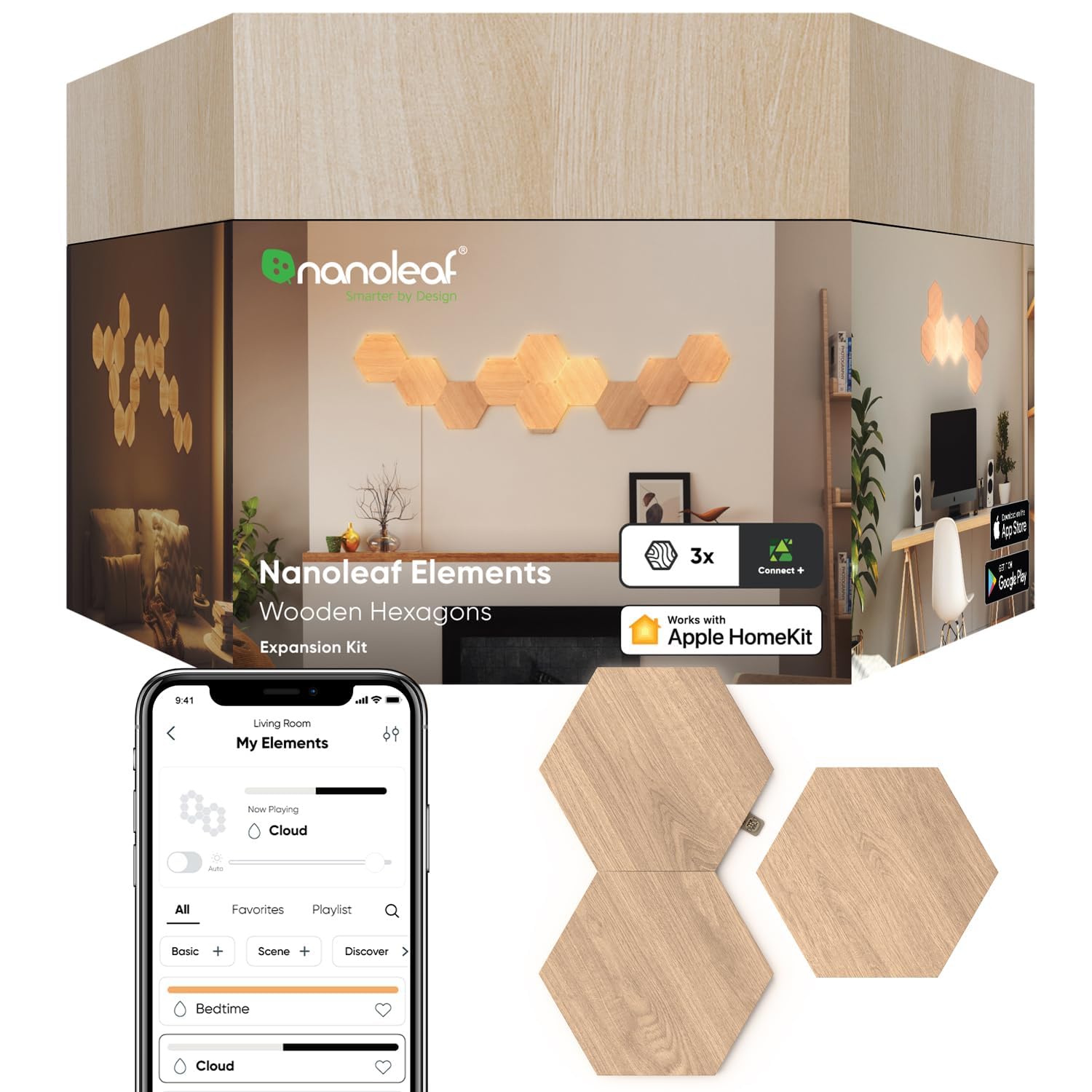 Nanoleaf Elements Hexagon Expansion Pack, 3 Additional Wood Look Light Panels - Dimmable & Modular Smart LED Wi-Fi Wall Mood Lights, Works with Alexa Google Assistant Apple Homekit, for Room Decor