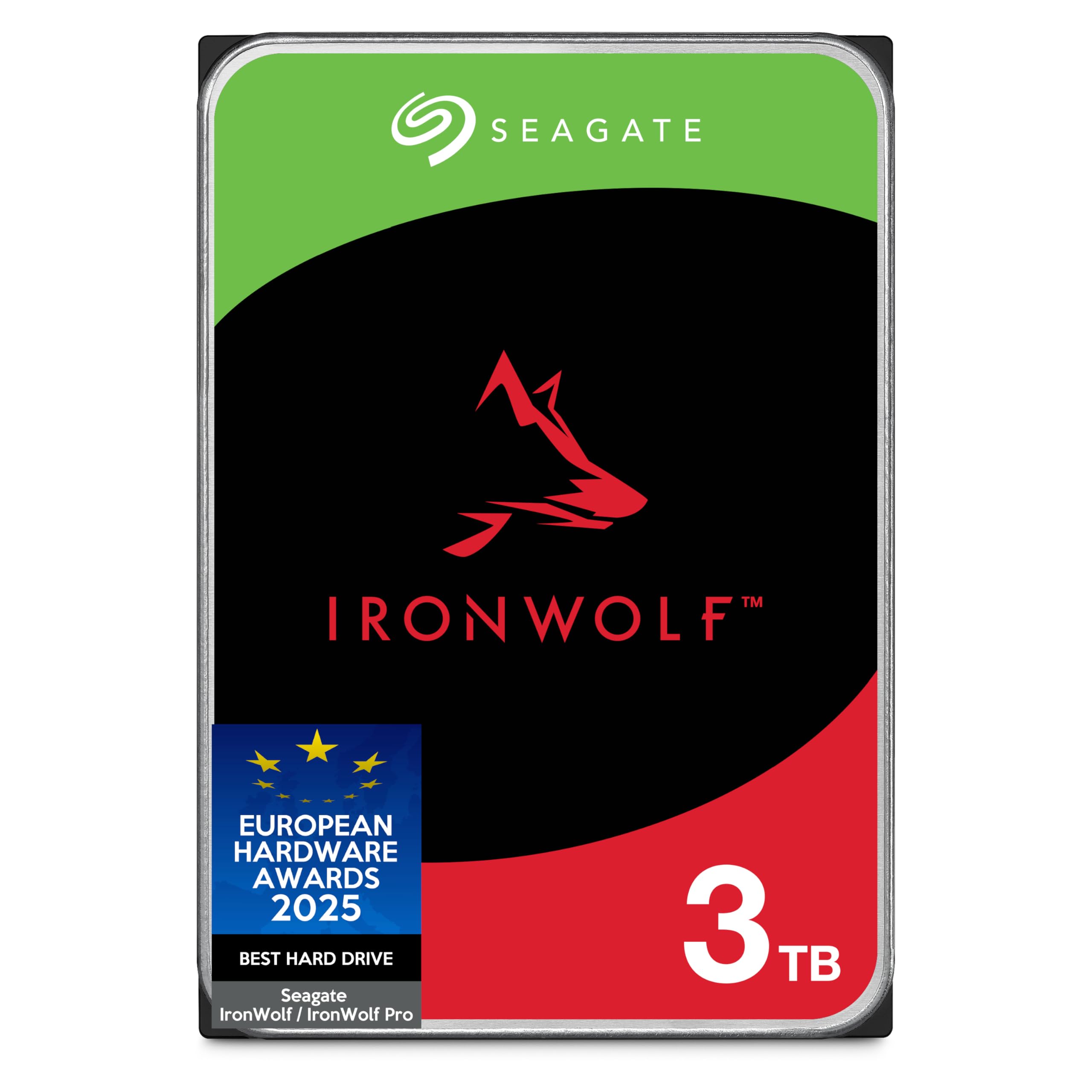 Seagate IronWolf 3To, Disque dur interne NAS HDD, CMR 3.5 Pouces, SATA 6Goit/s 5 400 tr/min, 64 Mo de mémoire cache, pour NAS RAID, Ouverture Facile, Services Rescue (ST3000VNZ06)
