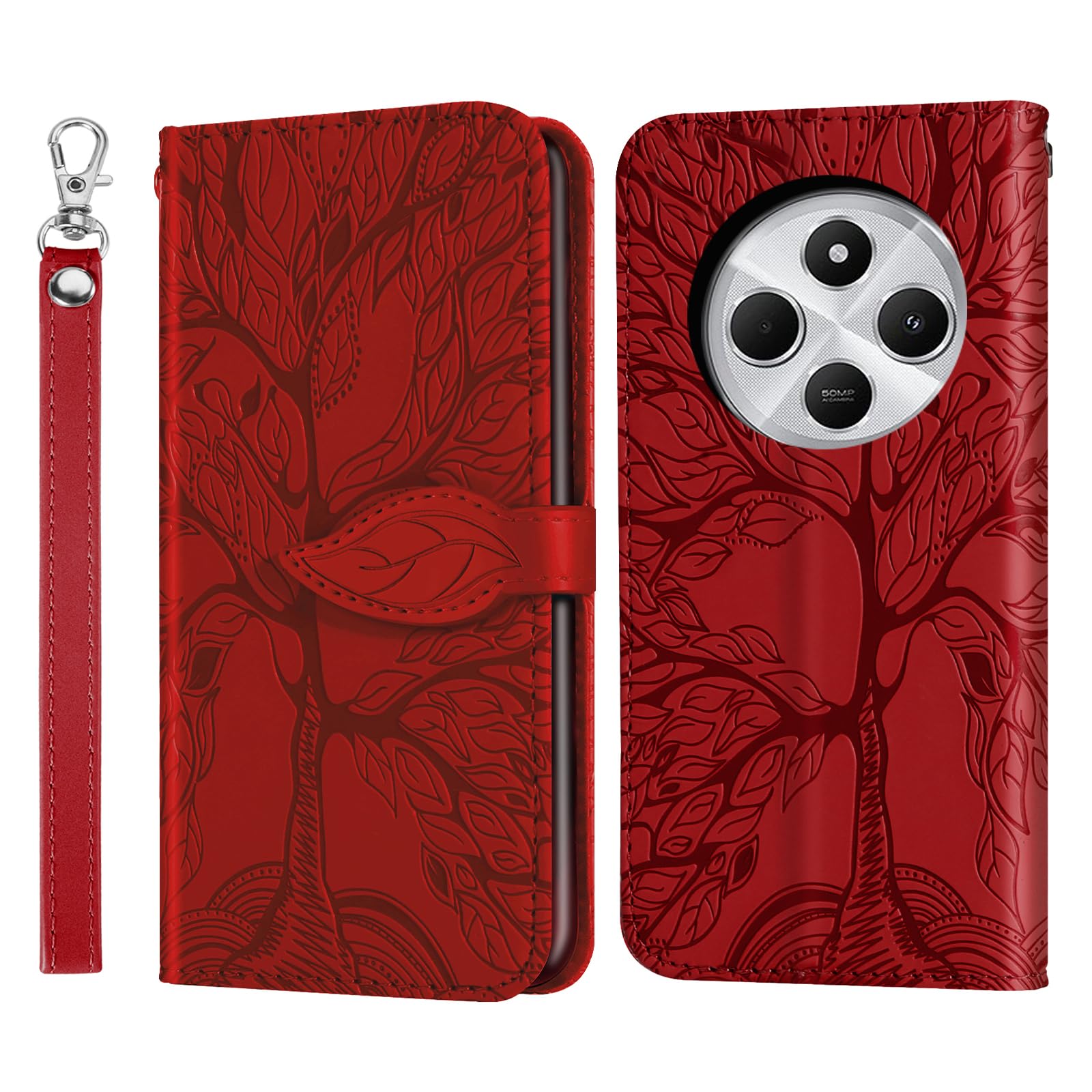 Rostsant Mobile Phone Case for Xiaomi Redmi 14C/Poco C75 - Embossed Tree PU Leather Flip Case Wallet Bag Cover Red