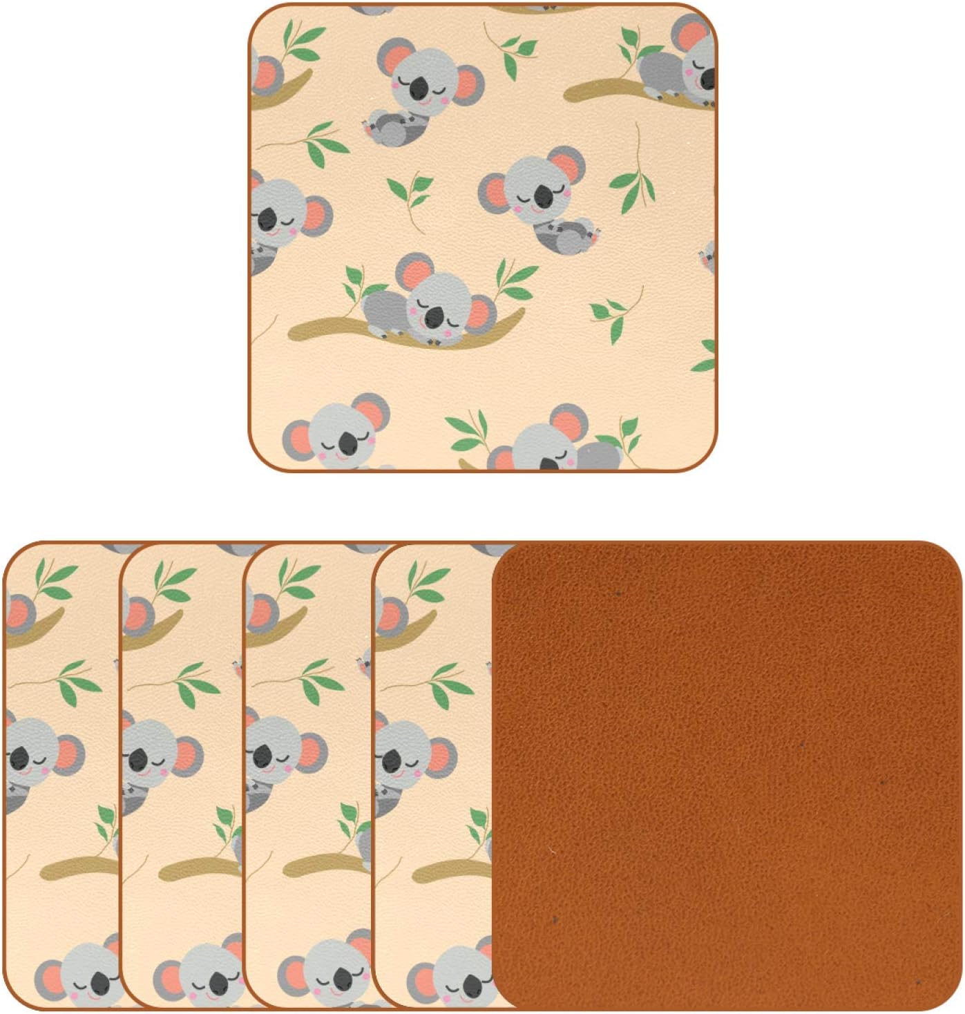 Square Drinks Coaster Set, Sleeping Koala Baby Coasters for Drinks for Housewarming Apartment Kitchen Bar Decor, Suitable for Wooden Table, Set of 6