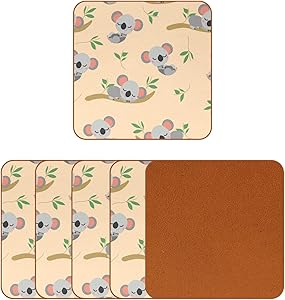 Square Drinks Coaster Set, Sleeping Koala Baby Coasters for Drinks for Housewarming Apartment Kitchen Bar Decor, Suitable for Wooden Table, Set of 6