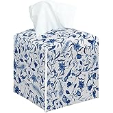 Watercolor Blue Flowers Tissue Box Cover Square, Floral Decorative Tissue Box Holder for Bedroom Bathroom Kitchen Office Vanity Countertop, Leather Facial Paper Organizer Dispenser -22