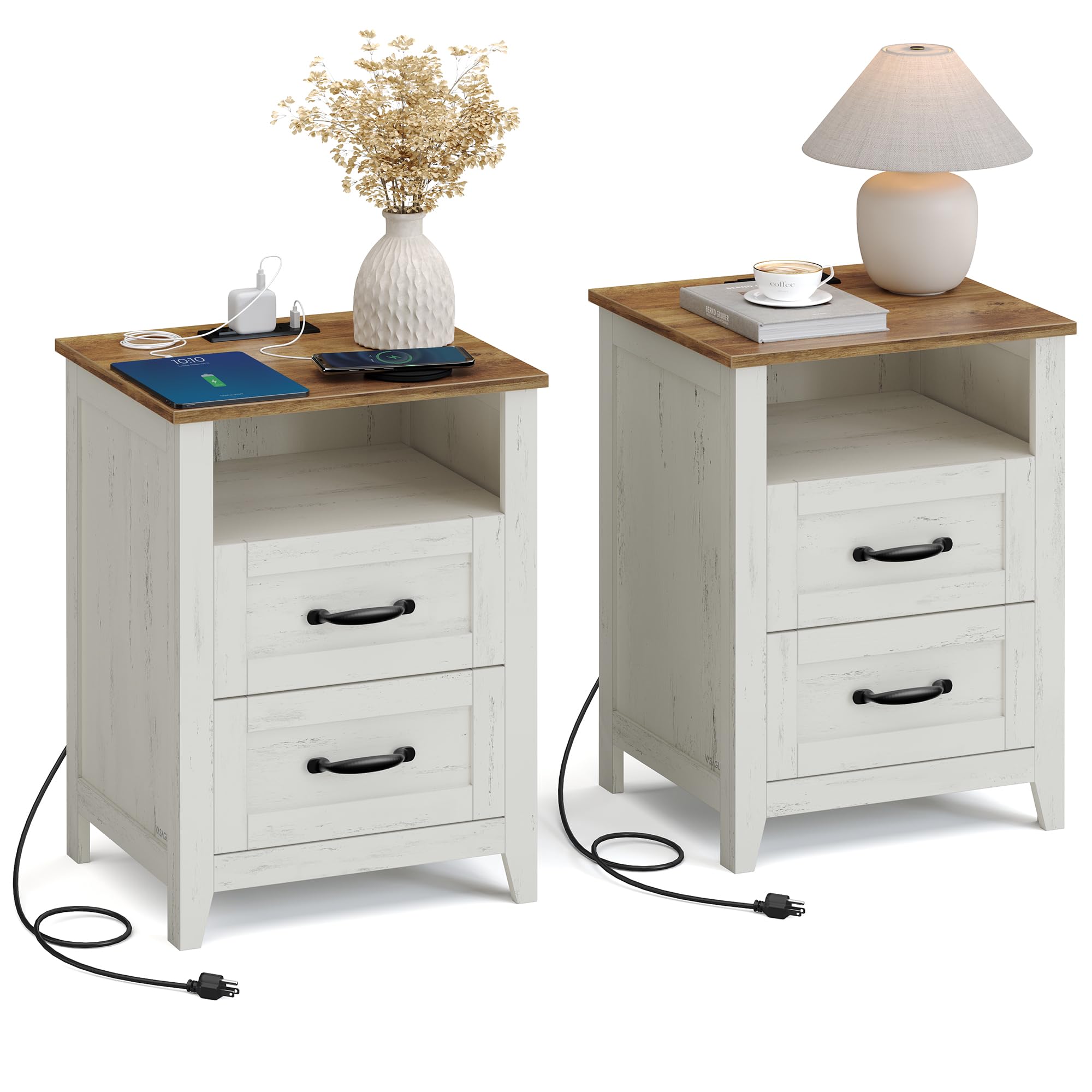 VASAGLE LIRY Collection - Farmhouse Nightstands with Charging Station, Set of 2 Bedside Tables, Side Tables with 2 Drawers, Open Compartment, for Bedroom, Rustic White and Honey Brown ULET869W01 Image