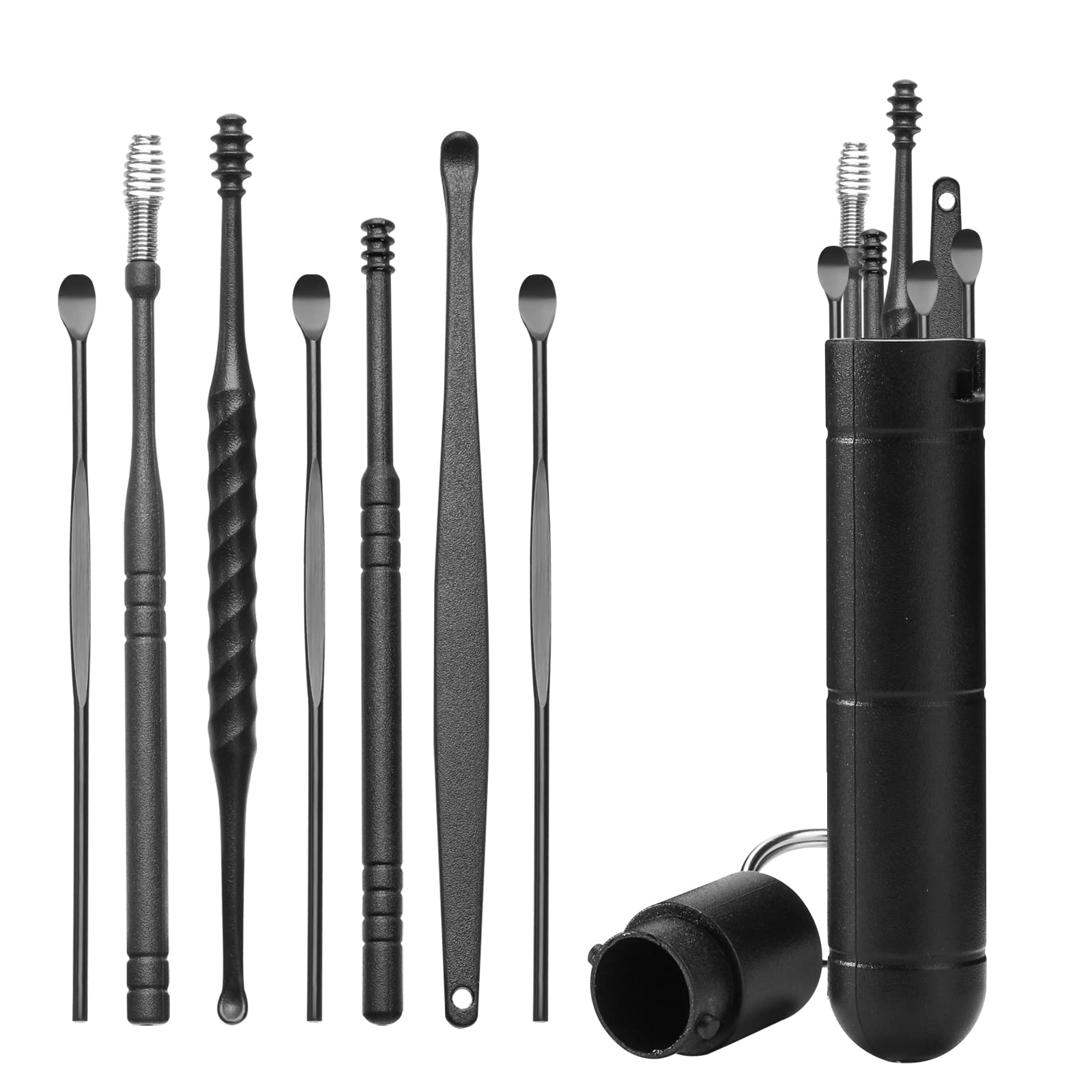 7Pieces Ear Wax Removal Kit, Earwax Cleaner Tool Set Reusable Ear Cleaner Ear Curette Stainless Steel Ear Wax Remover for Thorough Earwax Remover with Keychain Box for Children & Adults, Black