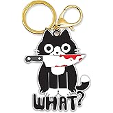 DongNaiWin Glittery Cat Keychain with What? Text, Gold and Black