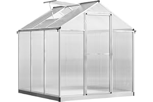 Outsunny 6' x 6' Greenhouse for Outdoors, Polycarbonate Greenhouse with Rain Gutter and Roof Vent, Aluminum Walk-in Green Houses for Outside Patio Backyard Garden