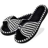 DL Women's Memory Foam Open Toe Slide Slippers with Cute Bow and Cozy Terry Lining, Slip-on House Shoes Spa Mules Sandals with Indoor Outdoor Rubber Sole, Black, 11-12