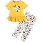 CARETOO Toddler Girl Clothes 2pcs Girl Spring Summer Outfit Ruffle Hem Short Sleeve Top and Floral Capri Pant 2-7 Years