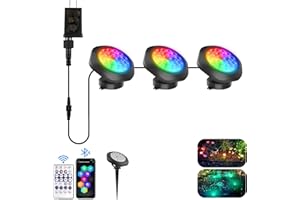 T-SUN Color Changing Submersible Pond Lights with APP and Remote Control, IP68 Waterproof Dimmable Timer Fountain Lights led Underwater for Koi Fish Tank Aquascape Waterfall Landscape(Set of 3)
