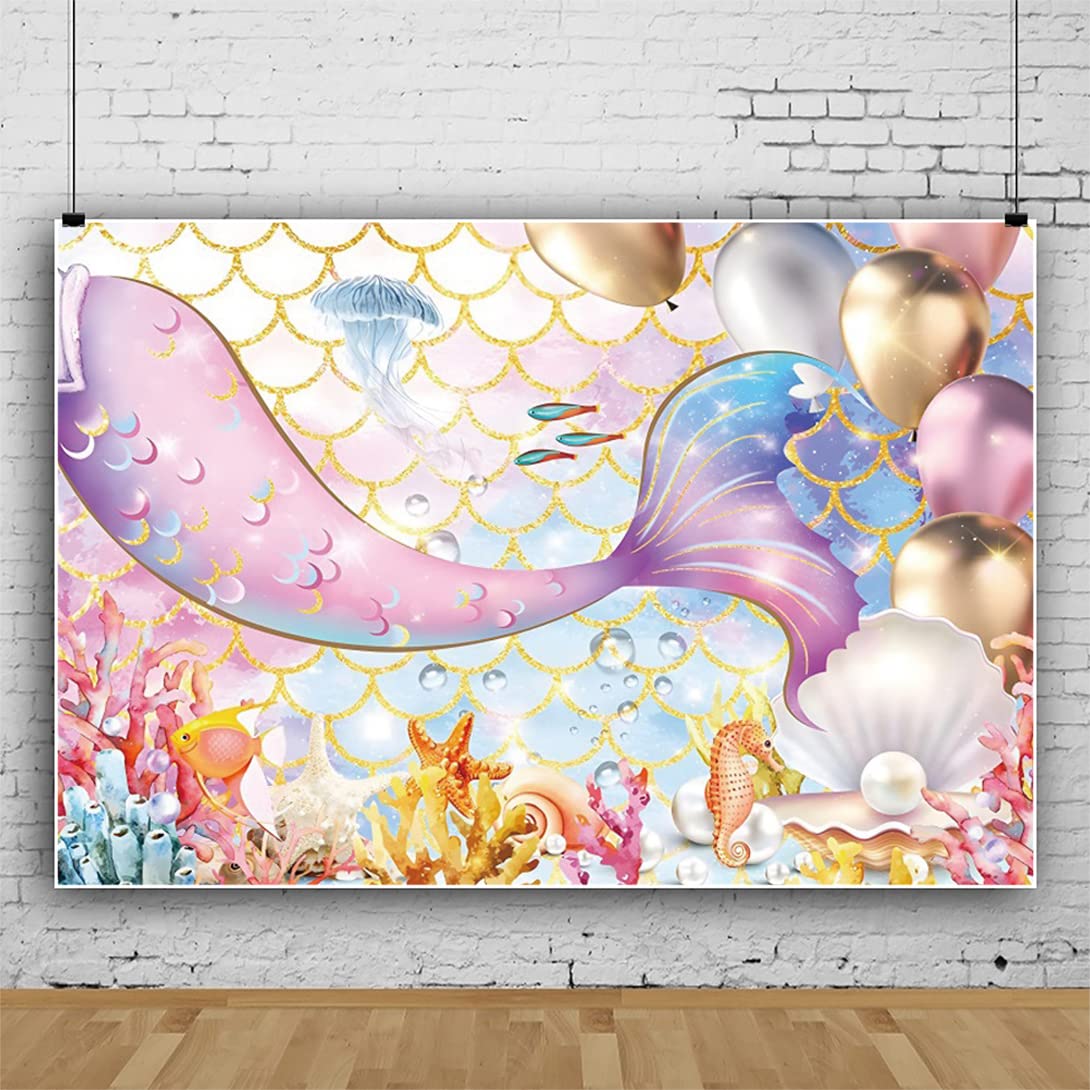 Bovlleetd 10x6.5ft Mermaid Photography Backdrop Underwater World Purple Fishtail Backdrop Gold Sparkling Scale Background Photo Studio Booth Photography
