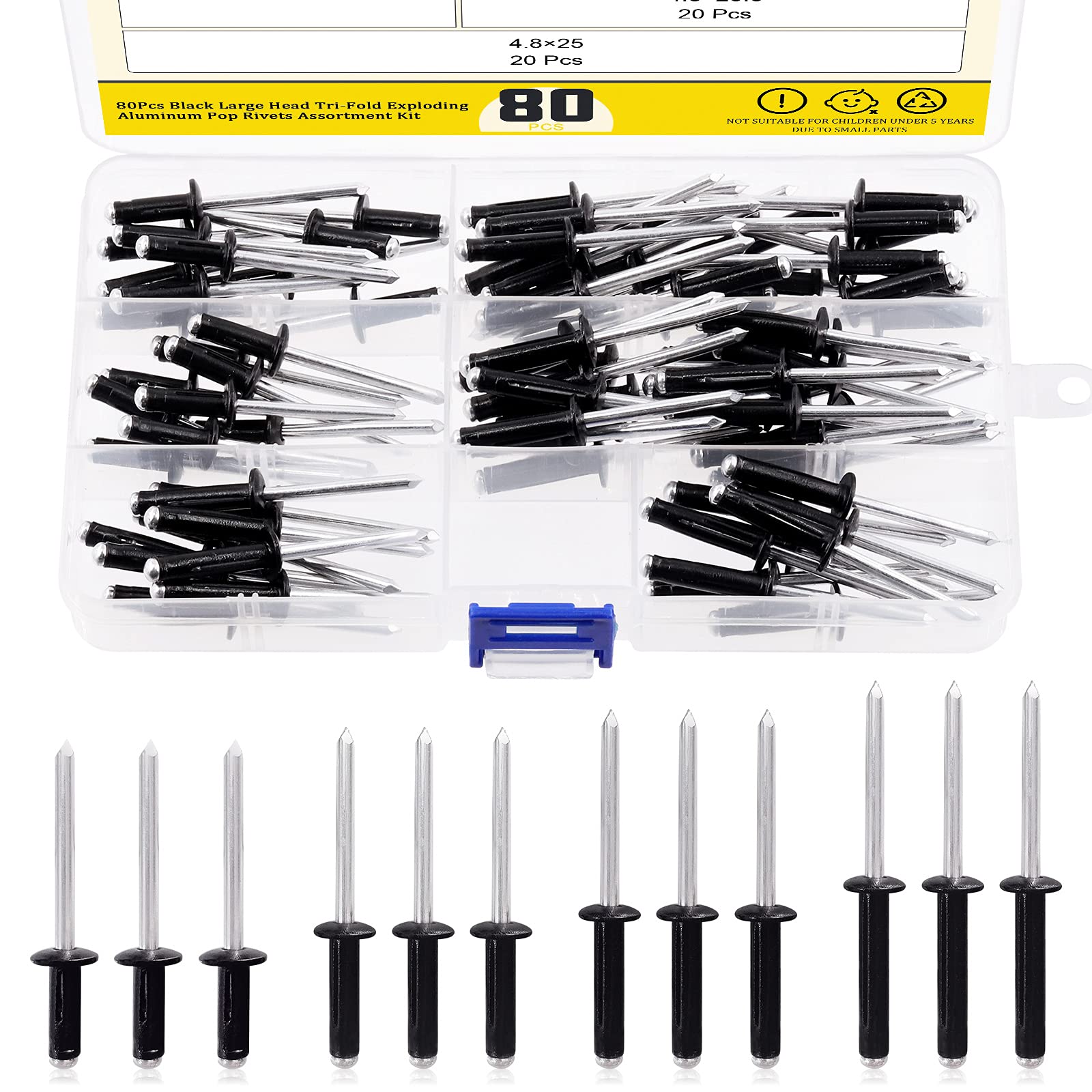 Mardatt 80 Pcs Flange Aluminum Blind Rivet Assortment Set, Black Large Head Tri-Fold Exploding Aluminum Pop Rivets for Sheet Metal, Automotive and Furniture -3/16" x (9/16", 3/4", 13/16, 1")