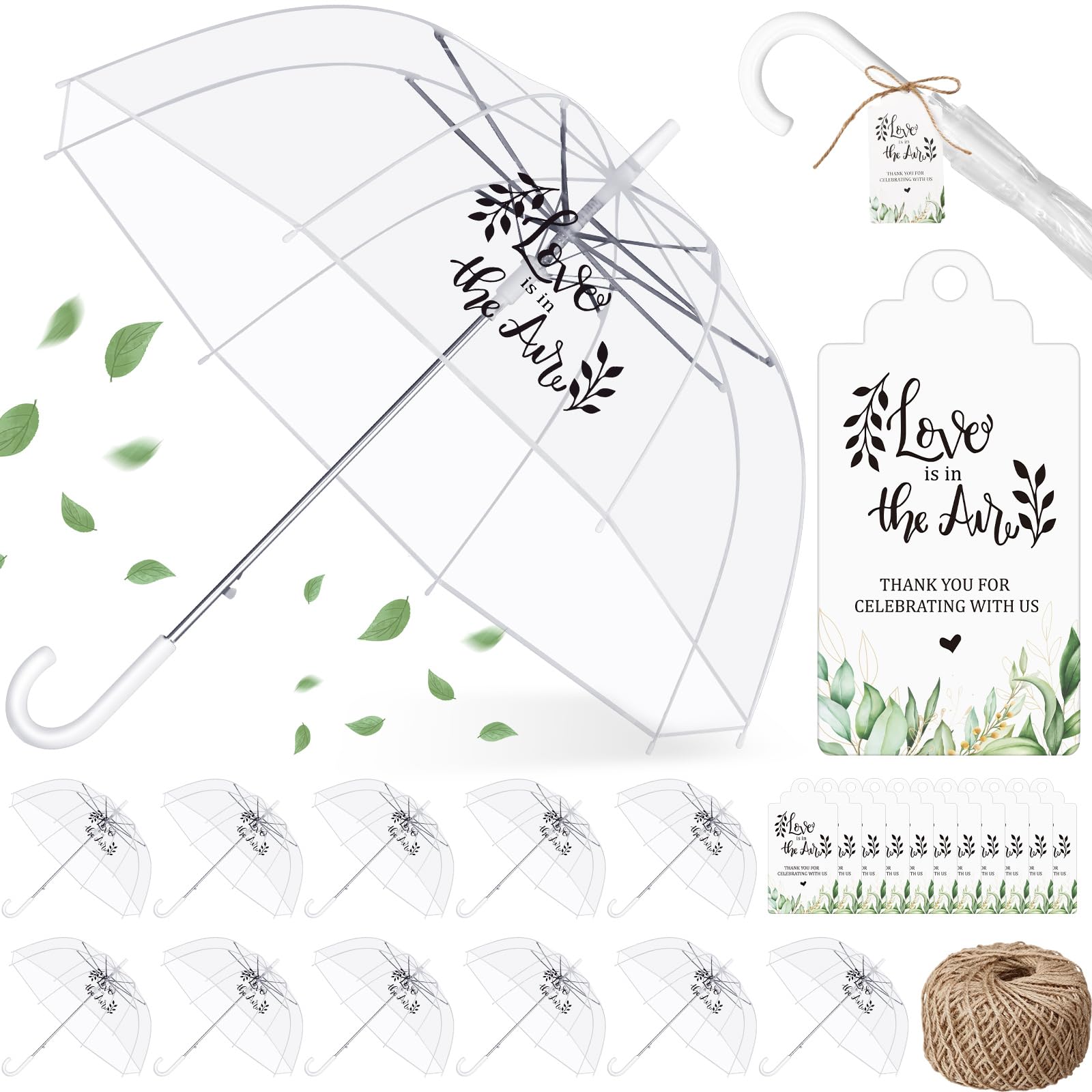 Photo 1 of Aliceset 12 Pack Clear Wedding Bubble Umbrellas Bulk 46 Large Canopy Love Is in The Air Transparent Stick Umbrella with Tags and Rope Rain Windproof J Hook Handle Auto Open for Wedding Prom Outdoor