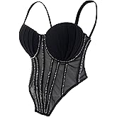 ELLACCI Women Beaded Trim Mesh Corset Bodysuit Pleated Padded Cups Bustier Top Black