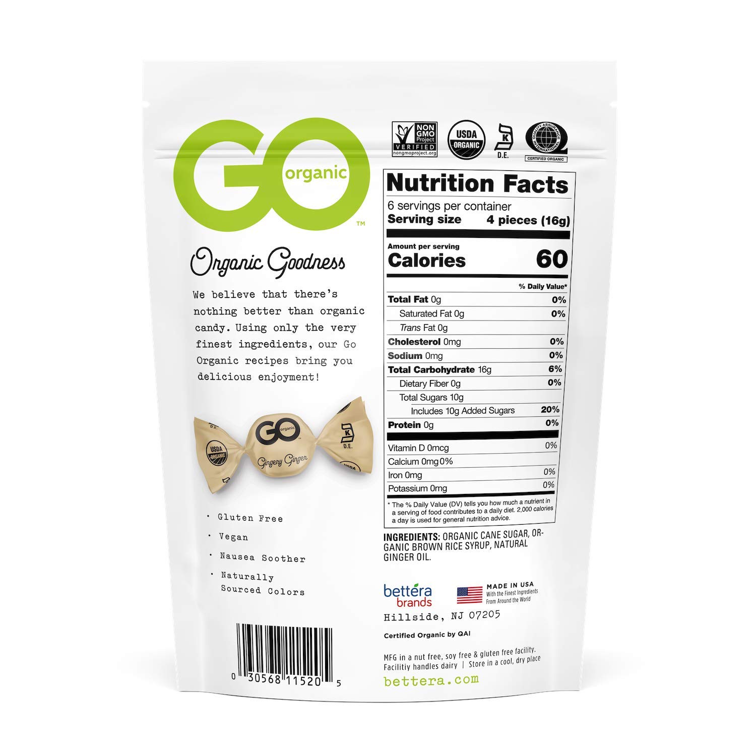 GoOrganic Organic Hard Candies, Ginger, 3.5 Ounce Bag (Pack of 6) : Go Naturally Ginger Candy : Grocery & Gourmet Food