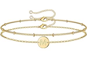 MONOZO Gold Initial Bracelets for Women, Dainty 14K Gold Filled Layered Beaded Letter Initial Bracelet Personalized 26 Alphabet Disc Monogram Charm Bracelet Jewelry Gifts for Her