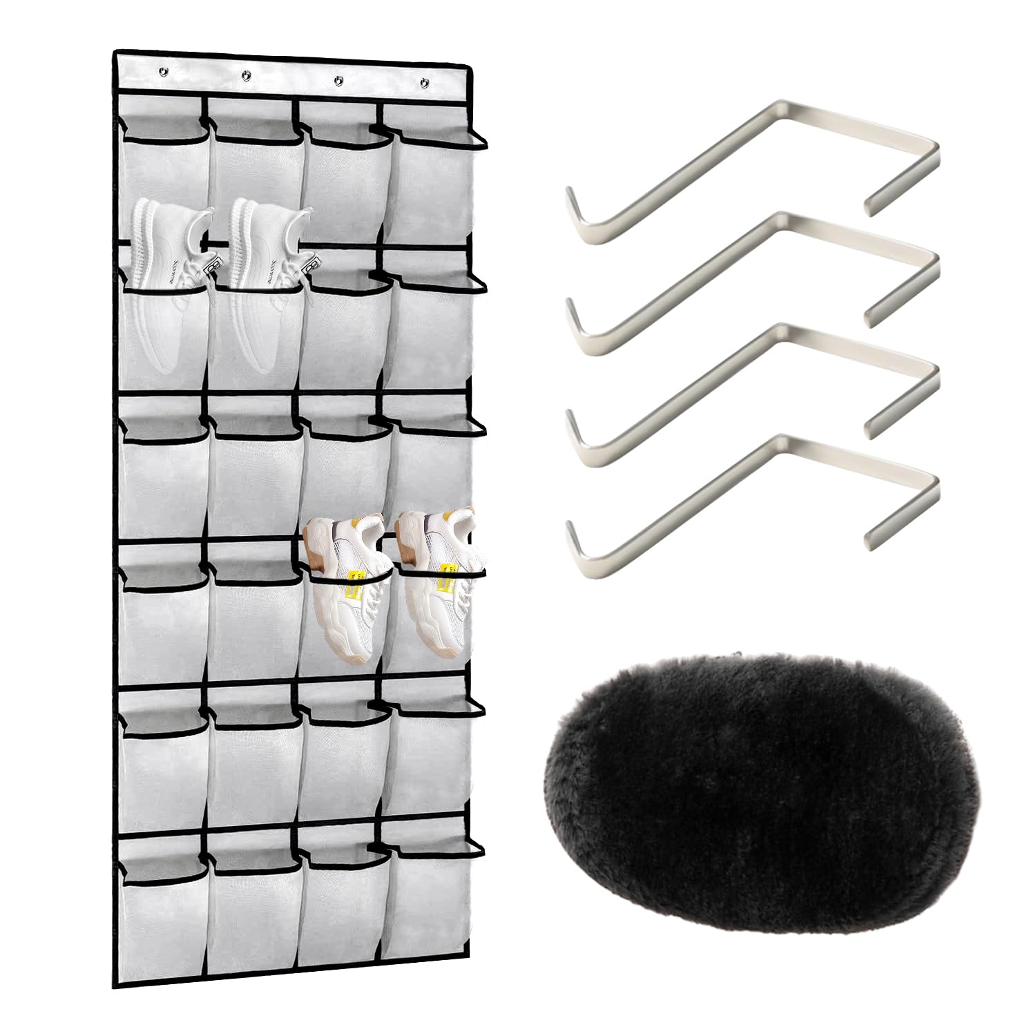 1 Shoe Storage Bag, 4 Hooks, 1 Shoe Shine Gloves, Hanging Shoe Cabinet, Shoe Storage Bag at the Door, 24-Compartment Door Storage Hanging Bag, Foldable Storage Bag, For Kitchen Bedroom Storage, Etc