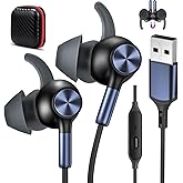AIAUXAI USB Earbuds with Microphone for PC Laptop,USBA Headphones,BlackBlue | Wired with Mic&amp; Earfins Hook for Computer Office Work,7.5ft,Noise Canceling Stereo Headset for Dell/HP/Chromebook Game School