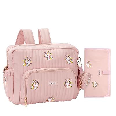 GOBABYMART Diaper Bag Backpack with Changing Pad - Travel Baby Bag, Insulated Bottle Pockets, Stroller Straps (Medium - Pink Unicorns)