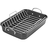 KITESSENSU Nonstick Roasting Pan with Rack 15 x 11 inch - Turkey Roaster Pan for Ovens - Wider Handles & Heavy Duty Construction, Gray