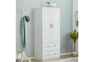 LivelyLodge 74''H Wardrobe Closet with 2 Doors Armoire Wardrobe Closet White Storage Closet Cabinet Wooden Bedroom Armoires Clothes Storage Closets with Hanging Rod 2 Drawers Clothes Cabinet