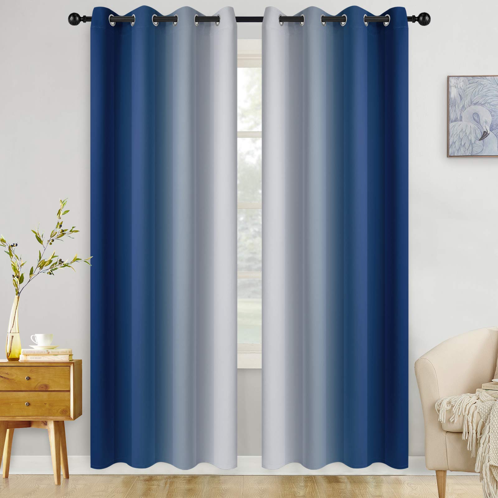 COSVIYA Grommet Ombre Room Darkening Curtains 96 inch Long, Blue and Grayish White Gradient Drapes Light Blocking Insulated Thermal Window Curtains for Bedroom/Living Room,2 Panels,52x96 inches