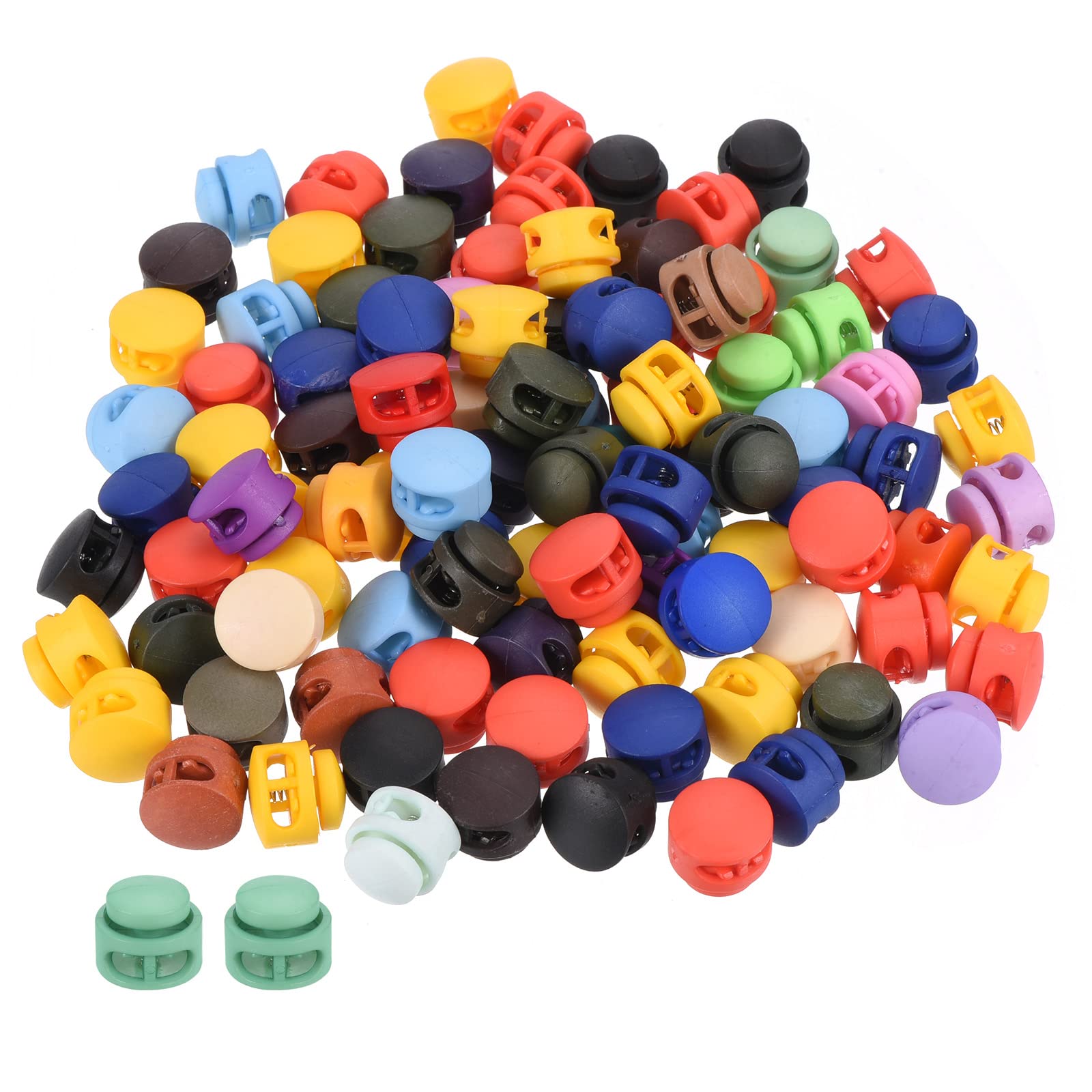 PATIKIL Cord Locks Assorted, 100 Pack Round Double Hole Spring Toggle Stopper 17mm for Drawstring Bag Shoelaces