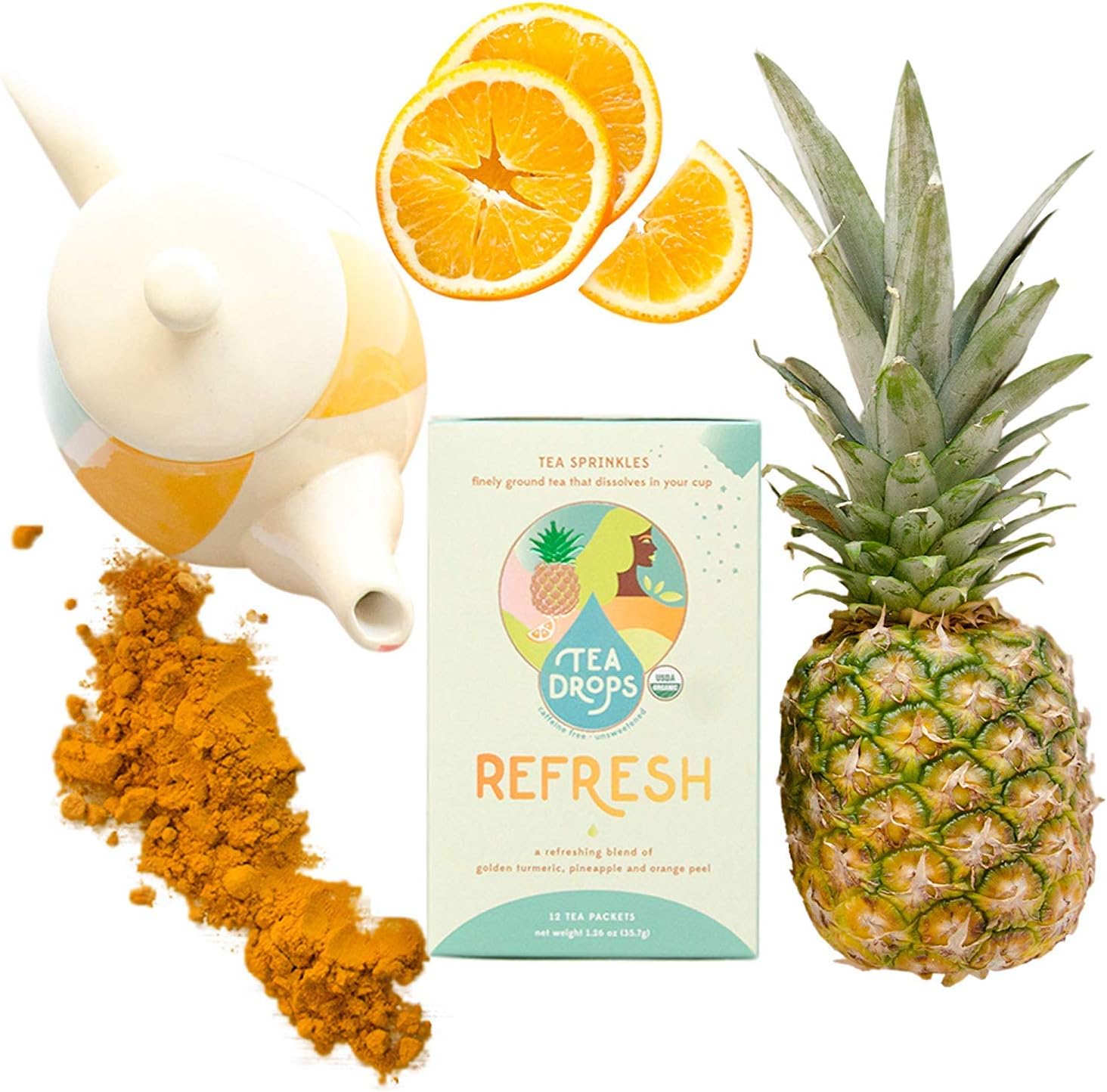 Immunity Support Tea | REFRESH Tea Sprinkles Organic Tea Powder | Loose Leaf Tea Blend of Turmeric, Pineapple & Orange | Antioxidants Help Detox the Liver & Relieve Migraines & Hangovers | 12-Pack