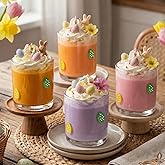 SiliFine 4 Pack Easter Icon Glass Cups 14oz Colorful Eggs Icon Juice Glasses Double Old Fashioned Hand Blown Stemless Wine Glasses Iced Coffee Drinking Cup for Easter Spring Holiday Lovely Gifts (Egg)