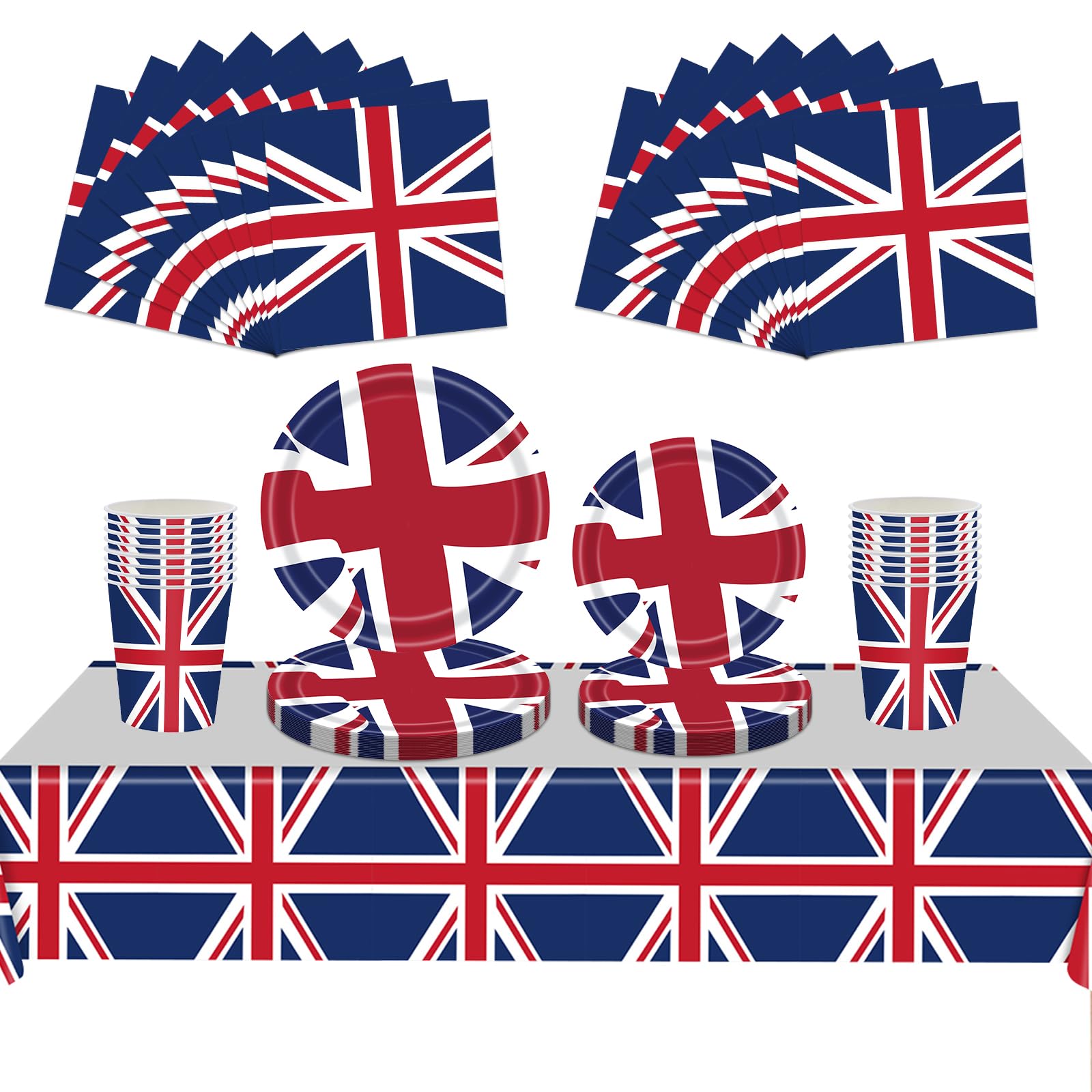 BlinBlin Union Jack Party Tableware Set – Queen’s Platinum Jubilee Dinnerware, Royal Theme Decorations for BBQs & Sporting Events, Includes Tablecloth, Napkins, Cups, Paper Plates – Serves 16