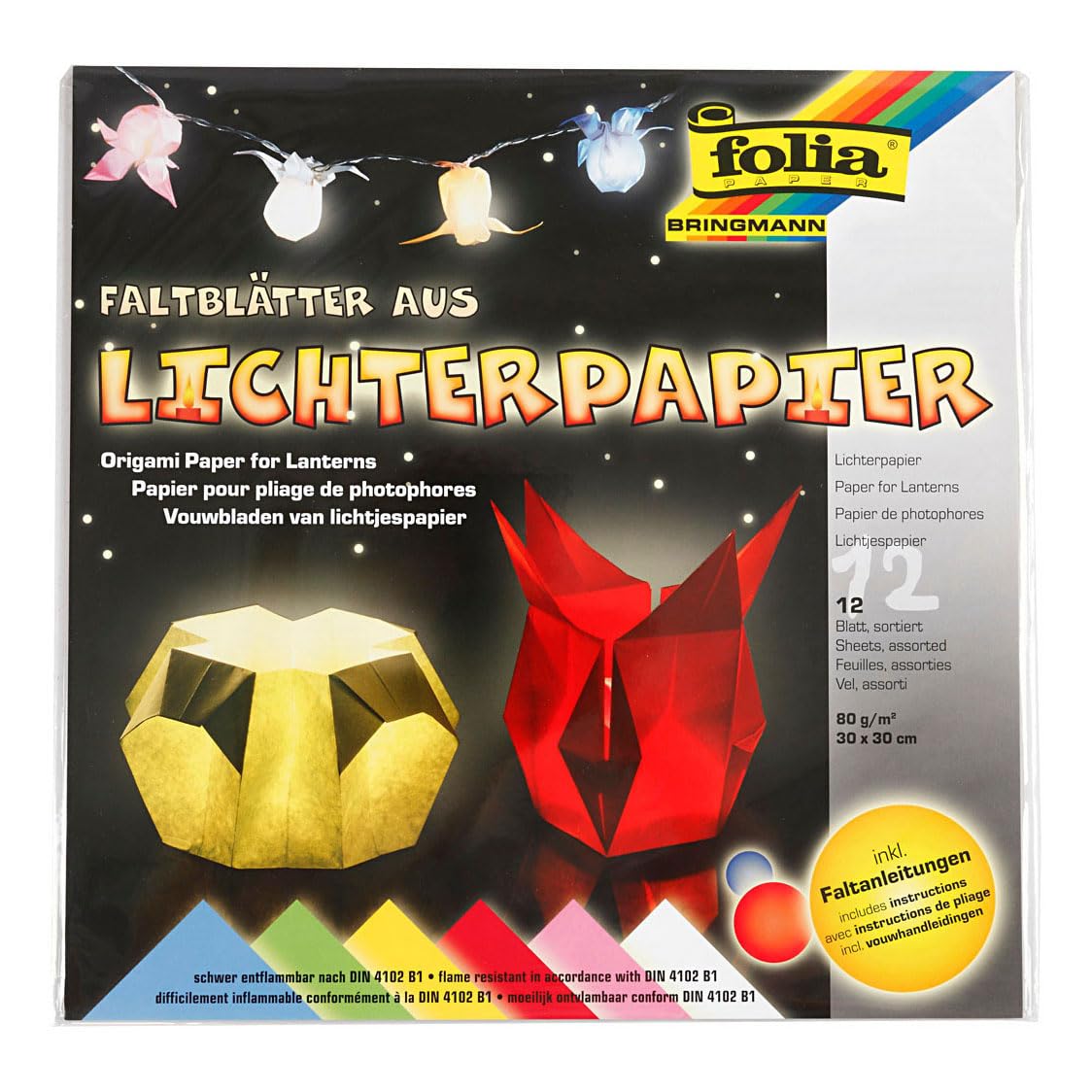 Folia 42309 - Lichterpapier 80G,30 x 30 cm 12 Blatt 6 farbig sortiert
