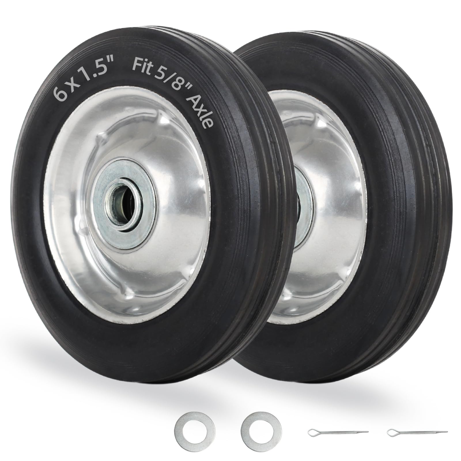 Photo 1 of GICOOL 6" Flat Free Solid Rubber Tire and Wheel, with Ball Bearings and 5/8” Axle Bore Hole, 1.3" Centered Hub, 2 Pack