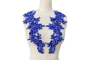 Zbroh Handmade red/White//Green/Blue Rhinestones Applique Sewing Beads Stones Trim lace Patches Accessory for Dress Clothes one Pair (Blue)