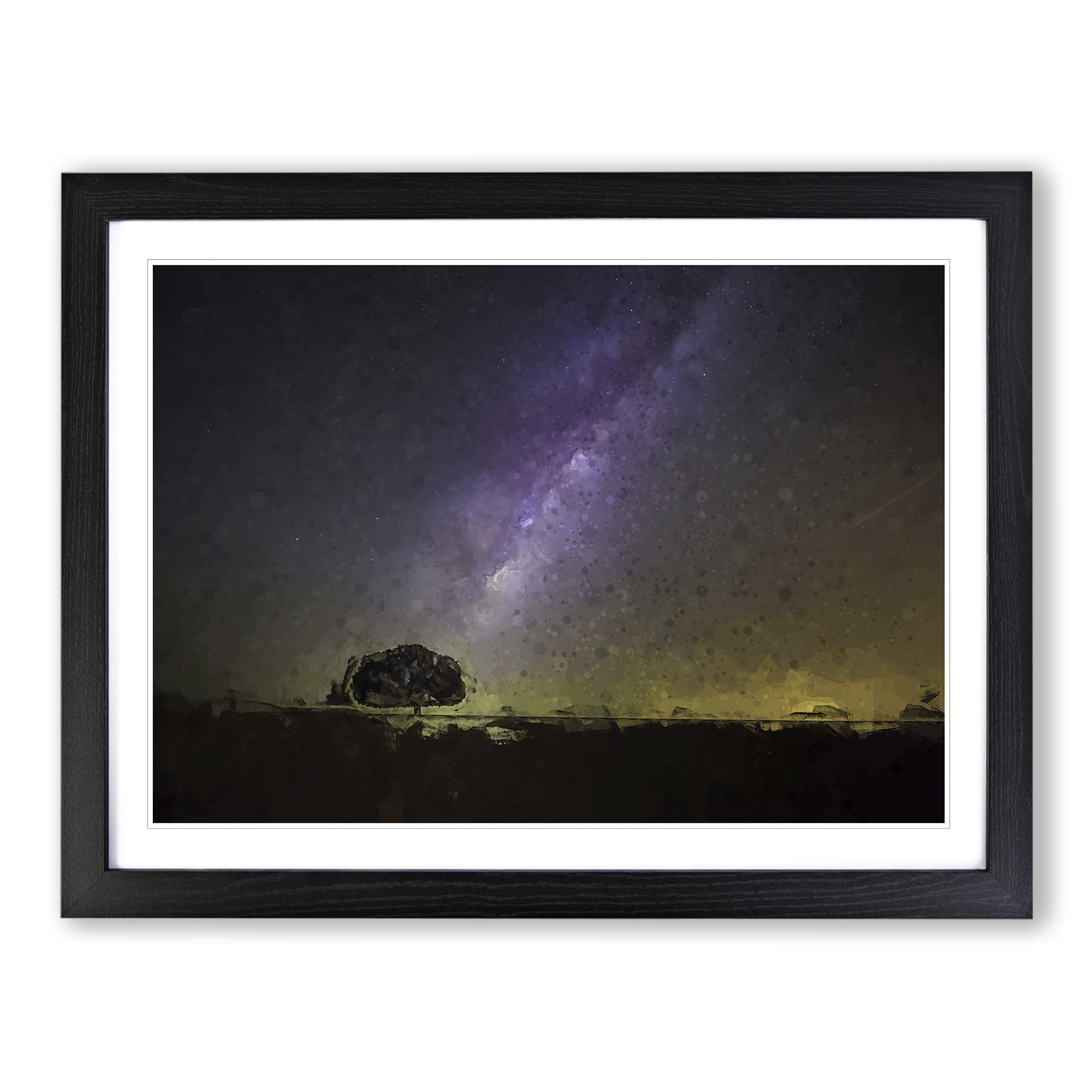 Tree Beneath The Milky Way In Abstract Modern Art Framed Print | A4 Black Framed Wall Art | Ready to Hang | Abstract Space Picture | Living Room Bedroom Lounge Office