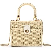 Fecialy Women Handwoven Rattan Handbag Beach Straw Tote Bag Square Boho Crossbody Bag
