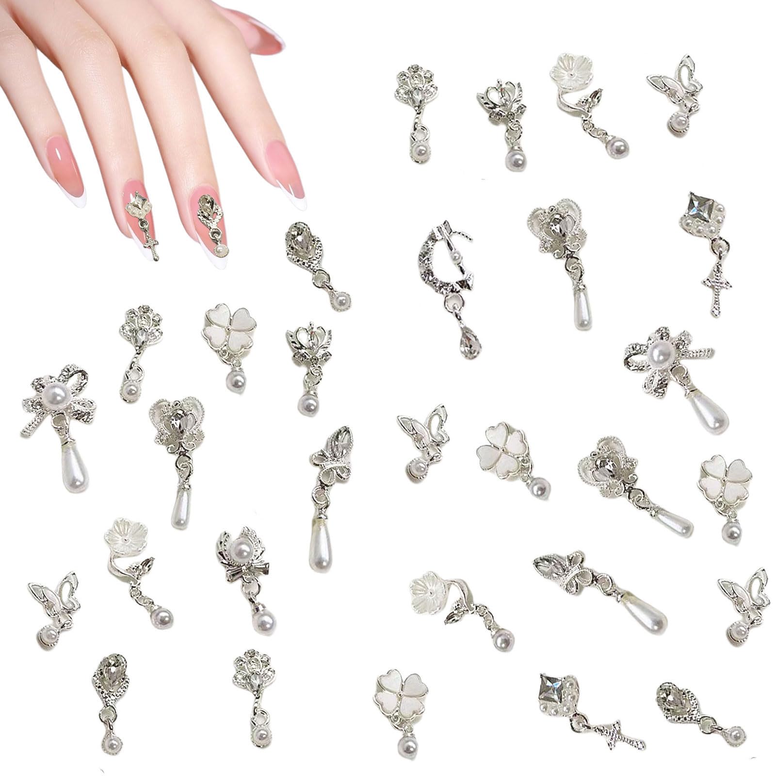 OTKARXUS Dangle Nail Charms,20PCS Luxury Butterfly Flower Pearl Bow Nail Gems,3D Silver Alloy Metal Nail Rhinestones and Gems Nail Jewelry for Nail Art Design Decoration (Silver B) — image 1